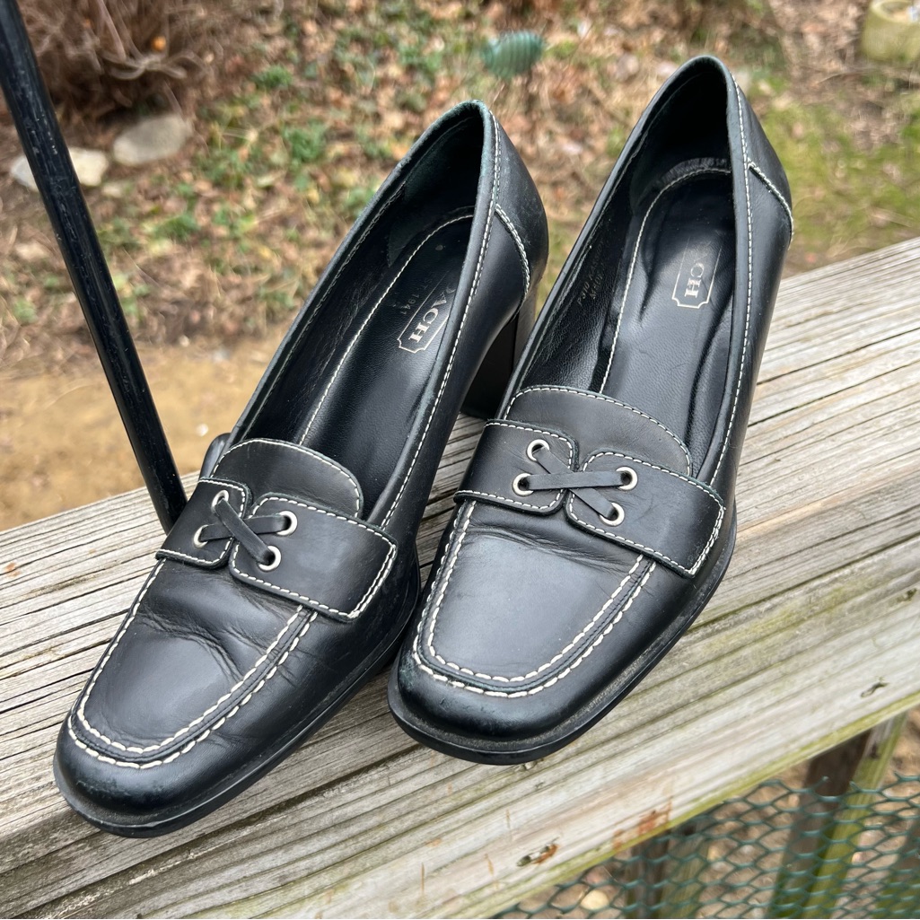 Vintage Coach Loafer Heels Black Leather White Stitching Kassidy 7b Italian Made